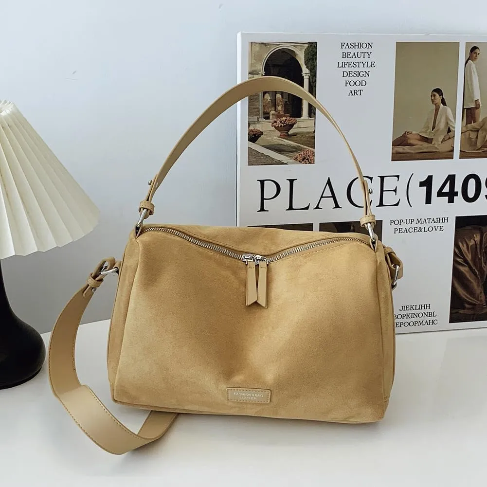 Women Faux Suede Fashion Shoulder Bag Large Capacity Stylish Messenger Bag Adjustable Strap Vintage Tote Handbag Zip
