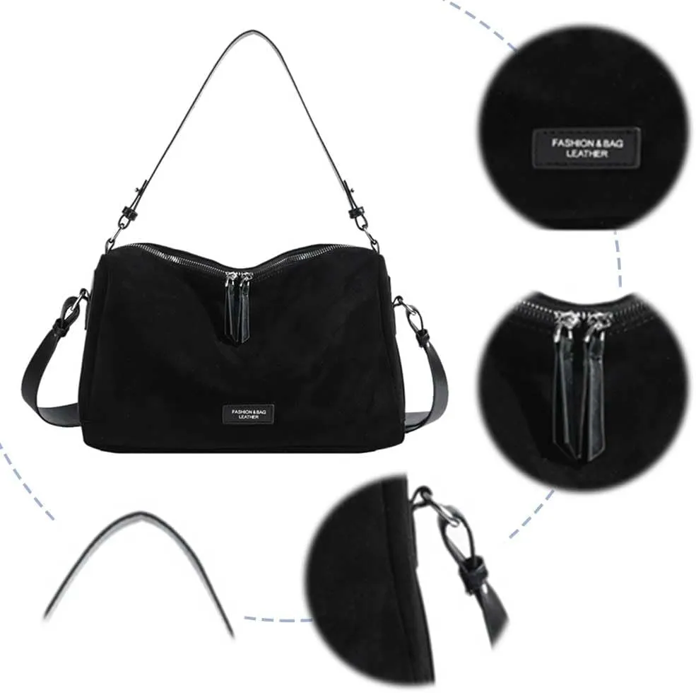 Women Faux Suede Fashion Shoulder Bag Large Capacity Stylish Messenger Bag Adjustable Strap Vintage Tote Handbag Zip