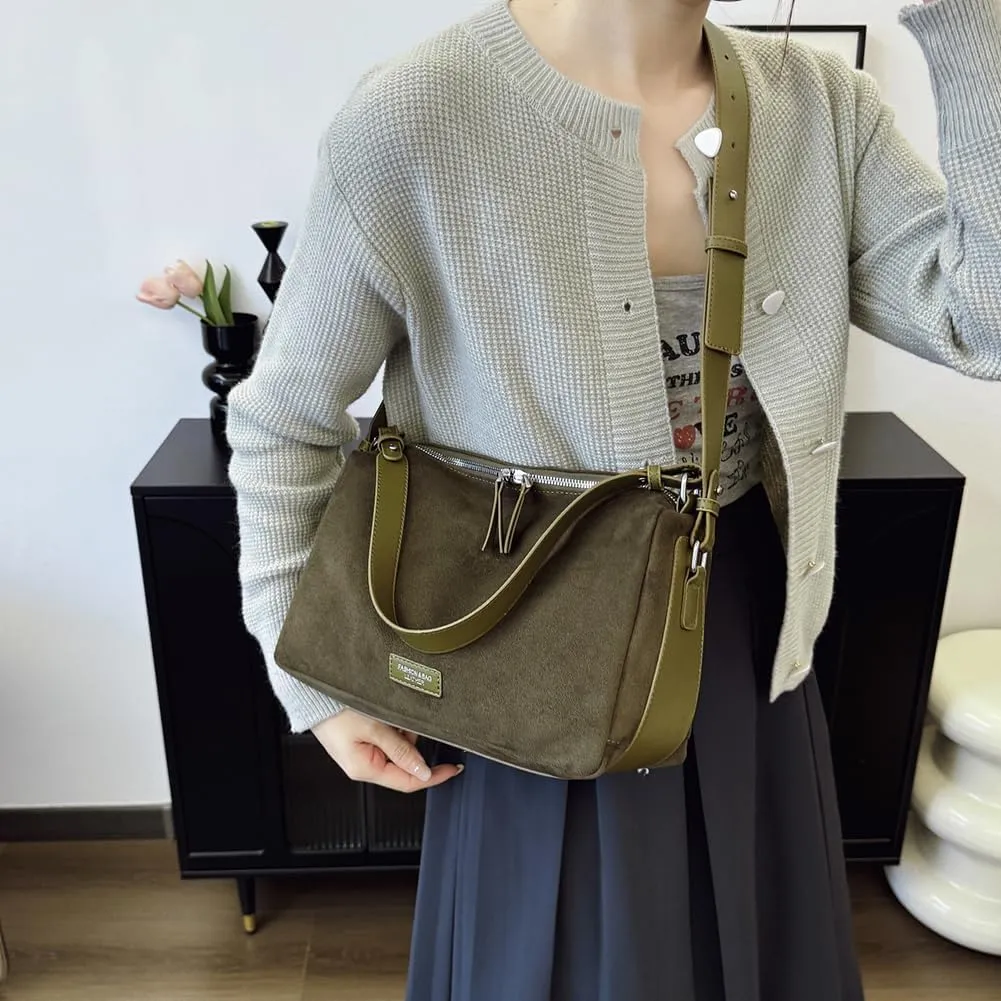 Women Faux Suede Fashion Shoulder Bag Large Capacity Stylish Messenger Bag Adjustable Strap Vintage Tote Handbag Zip