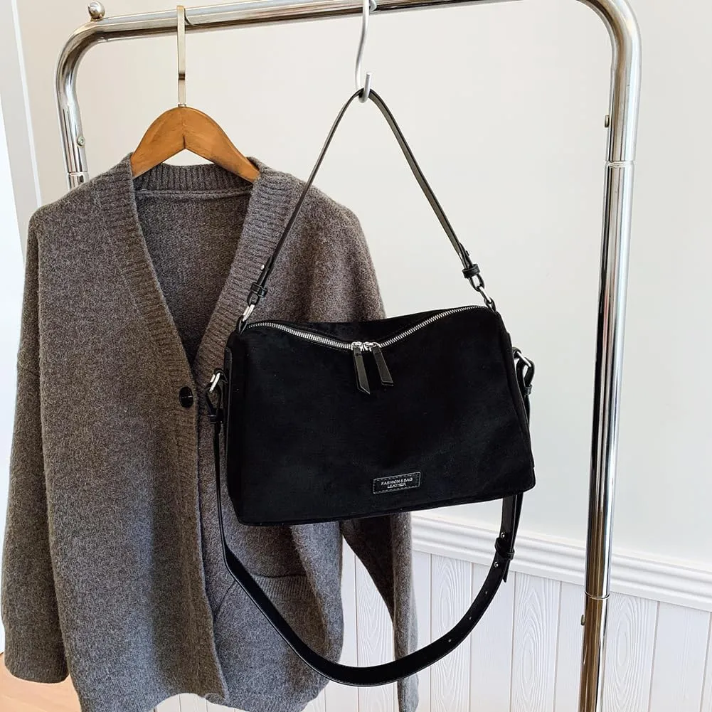 Women Faux Suede Fashion Shoulder Bag Large Capacity Stylish Messenger Bag Adjustable Strap Vintage Tote Handbag Zip