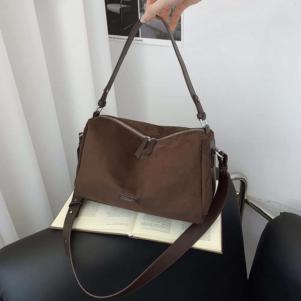Women Faux Suede Fashion Shoulder Bag Large Capacity Stylish Messenger Bag Adjustable Strap Vintage Tote Handbag Zip