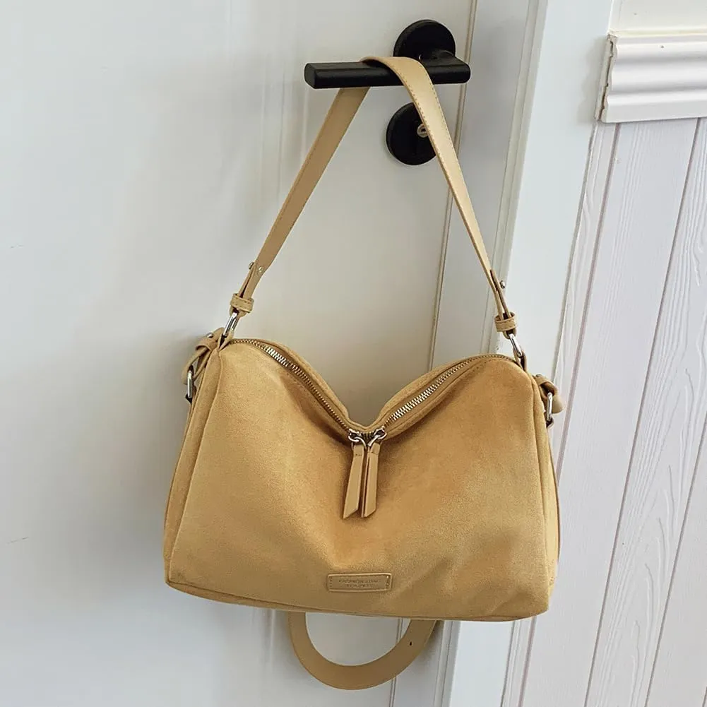 Women Faux Suede Fashion Shoulder Bag Large Capacity Stylish Messenger Bag Adjustable Strap Vintage Tote Handbag Zip