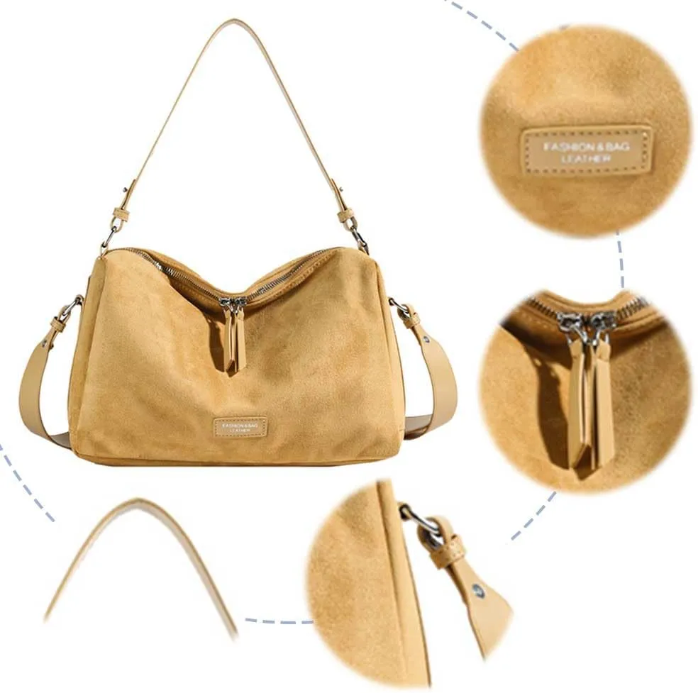 Women Faux Suede Fashion Shoulder Bag Large Capacity Stylish Messenger Bag Adjustable Strap Vintage Tote Handbag Zip
