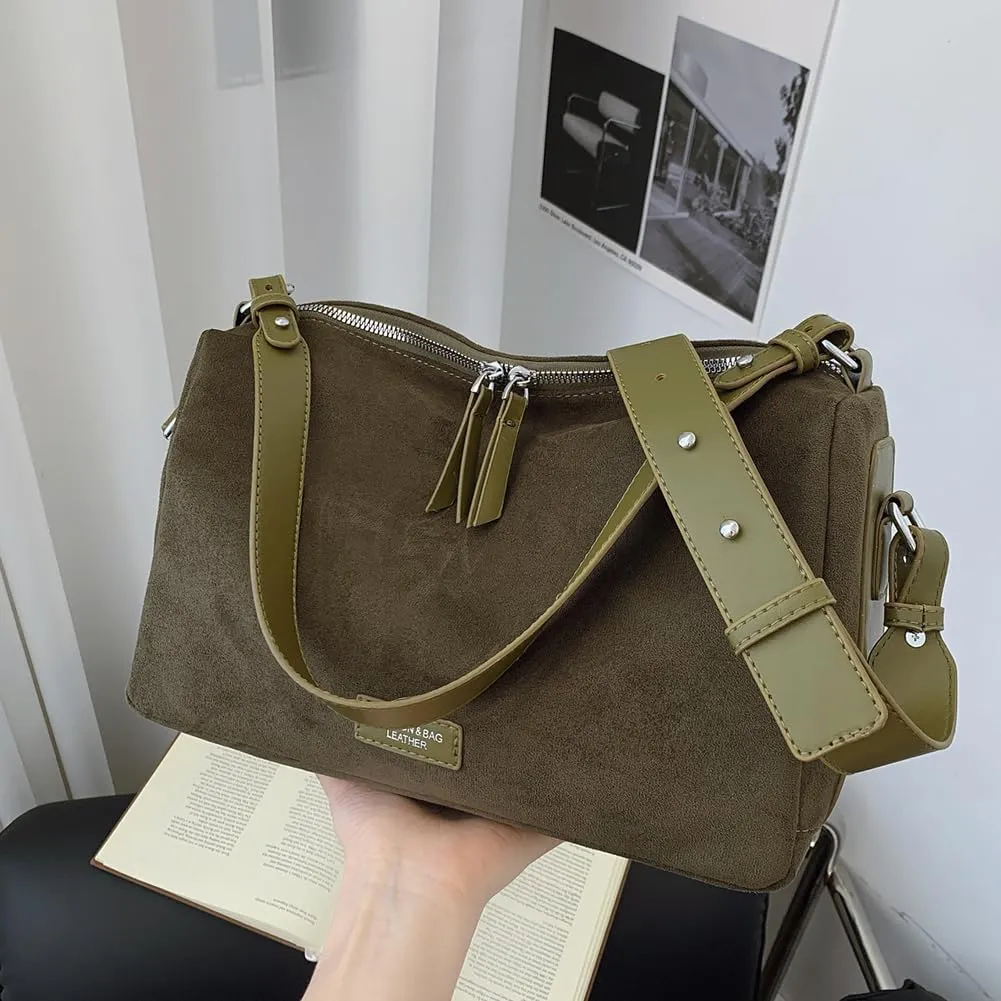Women Faux Suede Fashion Shoulder Bag Large Capacity Stylish Messenger Bag Adjustable Strap Vintage Tote Handbag Zip