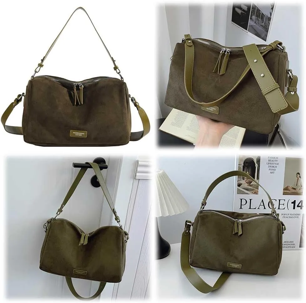 Women Faux Suede Fashion Shoulder Bag Large Capacity Stylish Messenger Bag Adjustable Strap Vintage Tote Handbag Zip