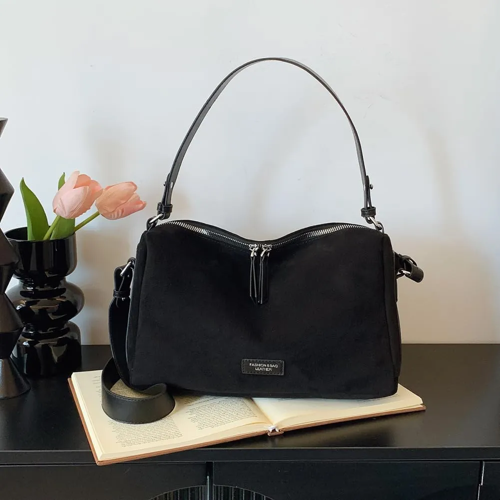 Women Faux Suede Fashion Shoulder Bag Large Capacity Stylish Messenger Bag Adjustable Strap Vintage Tote Handbag Zip