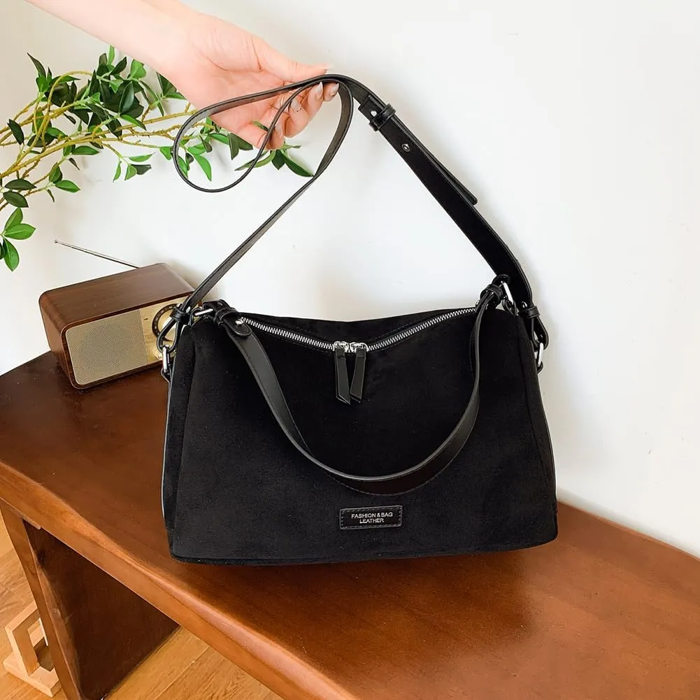 Women Faux Suede Fashion Shoulder Bag Large Capacity Stylish Messenger Bag Adjustable Strap Vintage Tote Handbag Zip