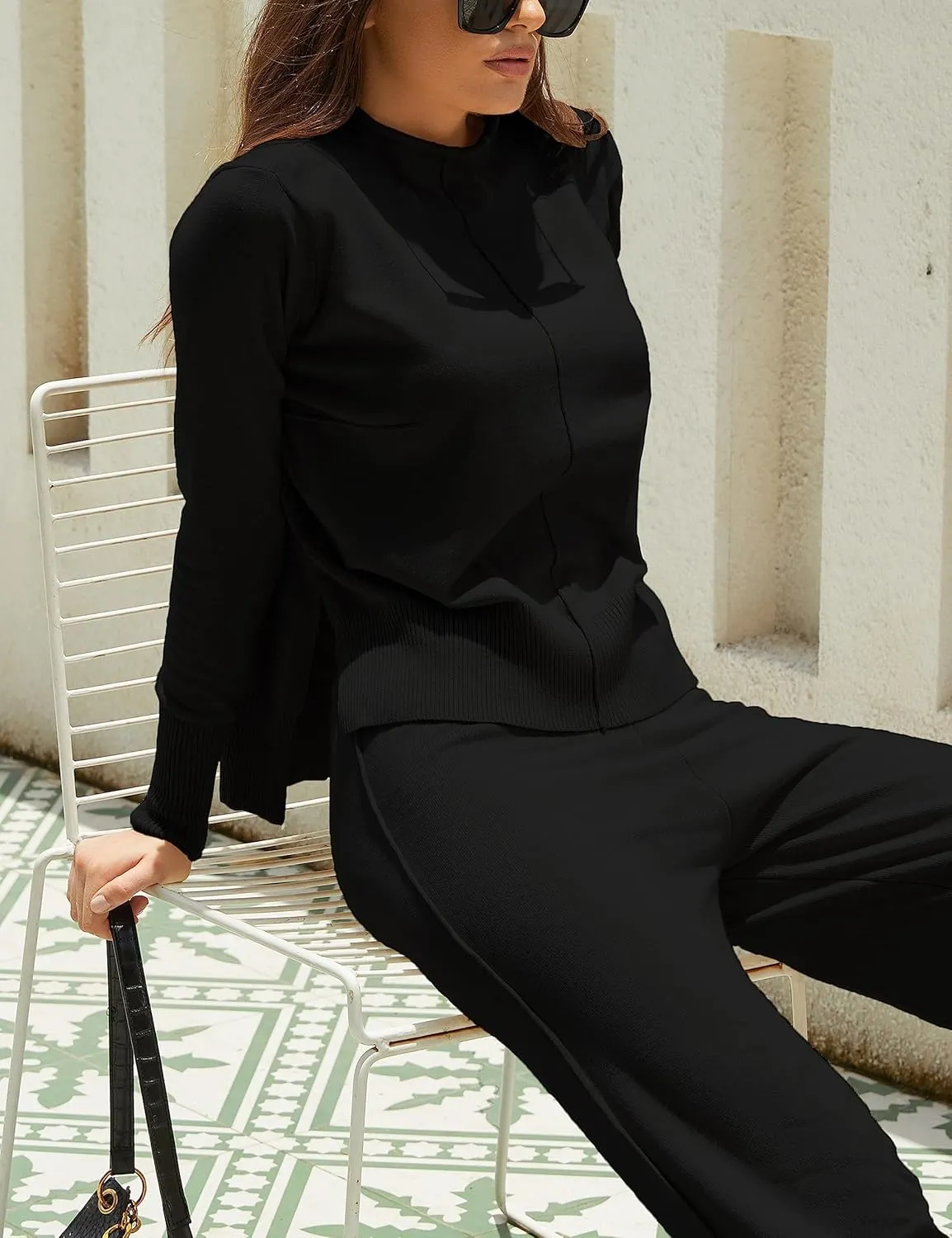 Women's 2 Piece Outfits Sweatsuit Mock Neck Pullover Top Wide Leg Pants Tracksuit Lounge Sets