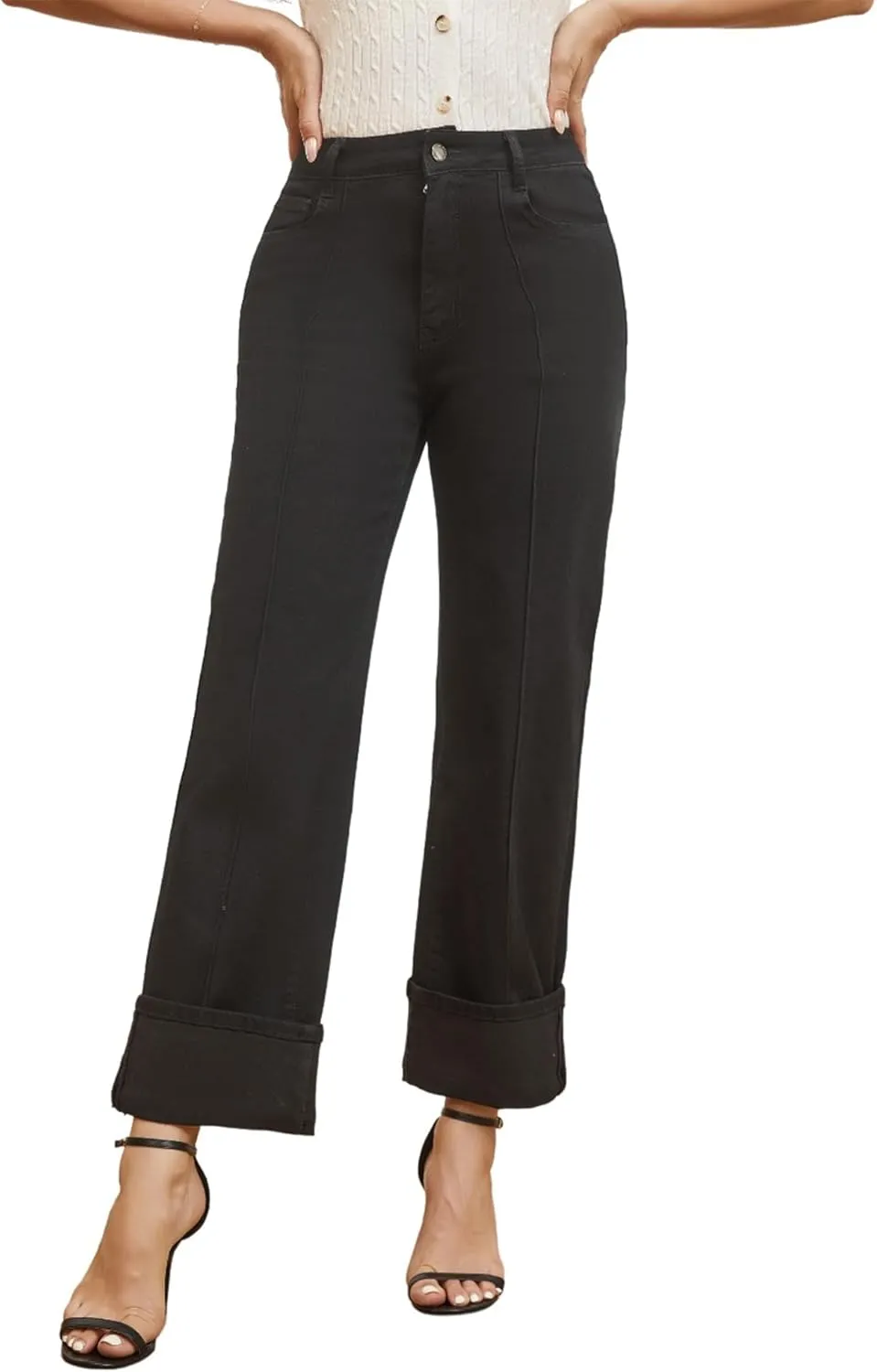 Women's Adjustable Cuffed Straight Leg Petite Jeans Stretchy High Waisted Wide Leg Cropped Denim Pants