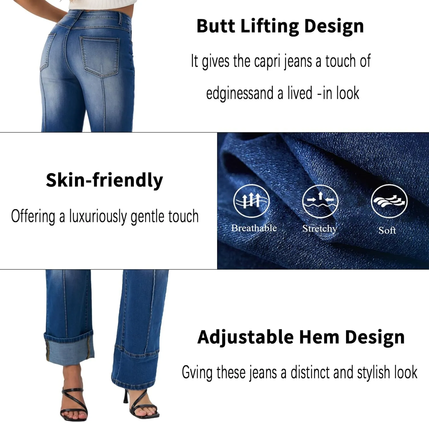 Women's Adjustable Cuffed Straight Leg Petite Jeans Stretchy High Waisted Wide Leg Cropped Denim Pants