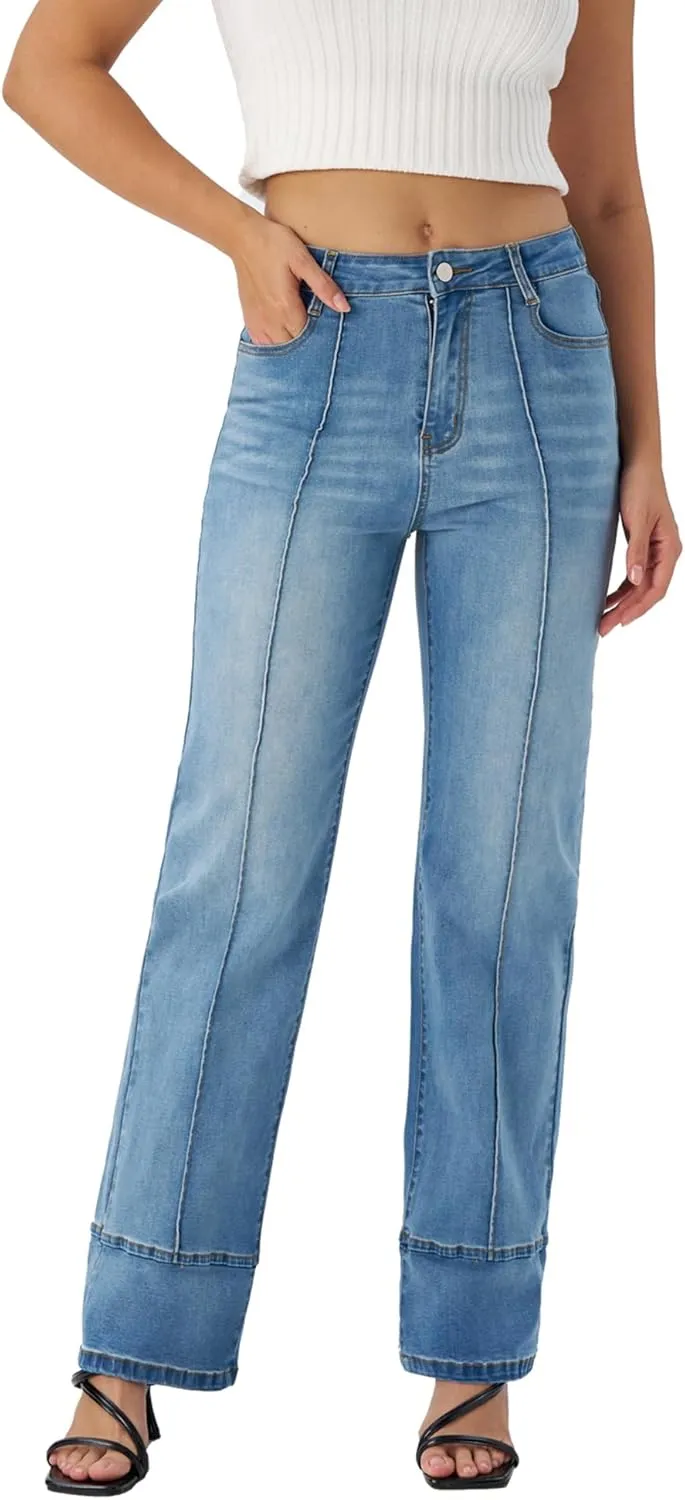 Women's Adjustable Cuffed Straight Leg Petite Jeans Stretchy High Waisted Wide Leg Cropped Denim Pants
