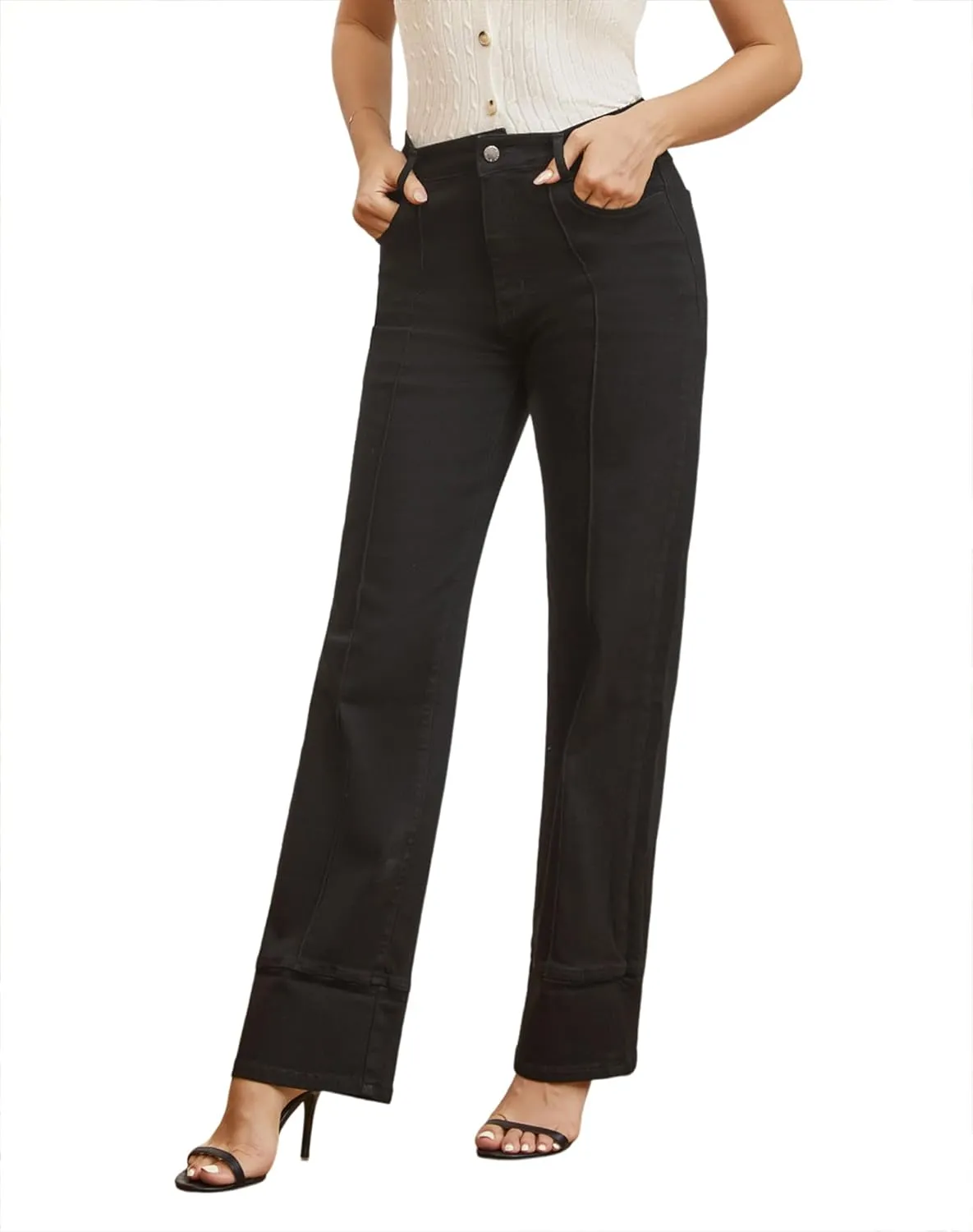 Women's Adjustable Cuffed Straight Leg Petite Jeans Stretchy High Waisted Wide Leg Cropped Denim Pants