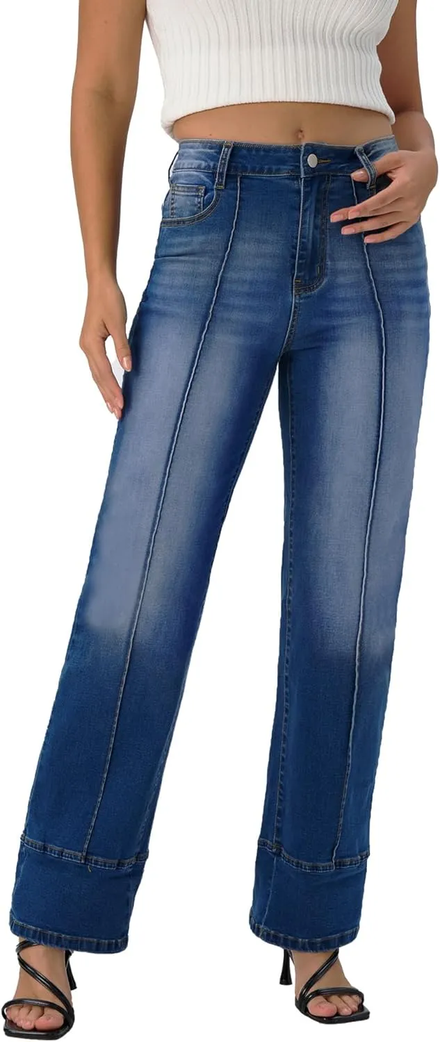 Women's Adjustable Cuffed Straight Leg Petite Jeans Stretchy High Waisted Wide Leg Cropped Denim Pants