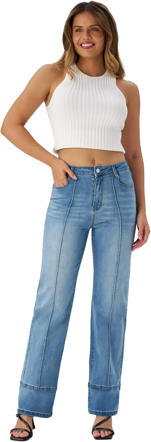 Women's Adjustable Cuffed Straight Leg Petite Jeans Stretchy High Waisted Wide Leg Cropped Denim Pants