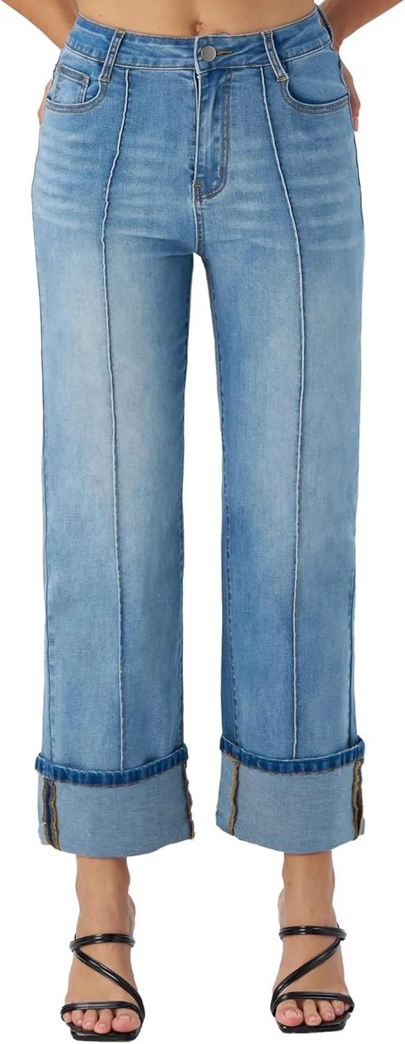 Women's Adjustable Cuffed Straight Leg Petite Jeans Stretchy High Waisted Wide Leg Cropped Denim Pants