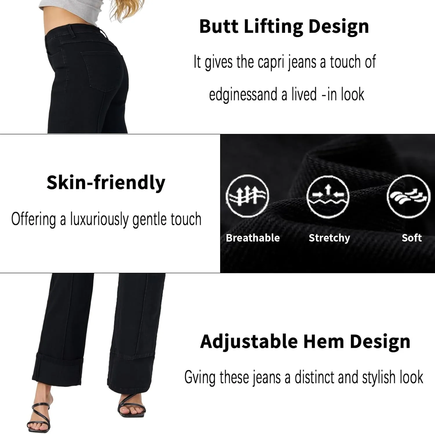 Women's Adjustable Cuffed Straight Leg Petite Jeans Stretchy High Waisted Wide Leg Cropped Denim Pants