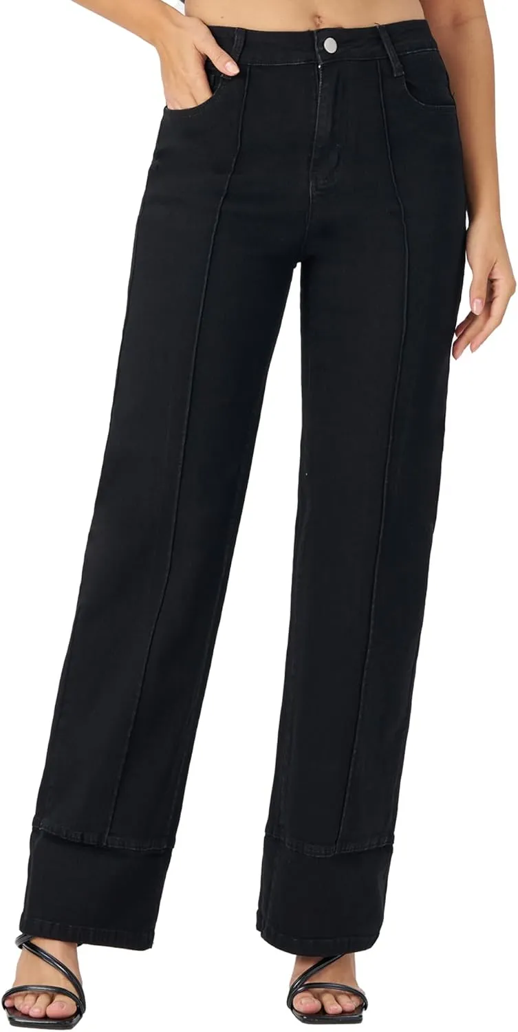 Women's Adjustable Cuffed Straight Leg Petite Jeans Stretchy High Waisted Wide Leg Cropped Denim Pants