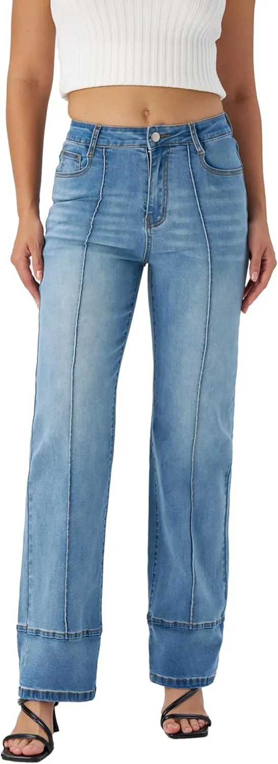 Women's Adjustable Cuffed Straight Leg Petite Jeans Stretchy High Waisted Wide Leg Cropped Denim Pants