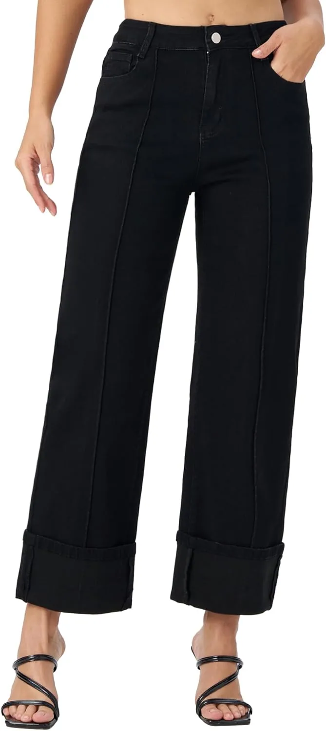 Women's Adjustable Cuffed Straight Leg Petite Jeans Stretchy High Waisted Wide Leg Cropped Denim Pants