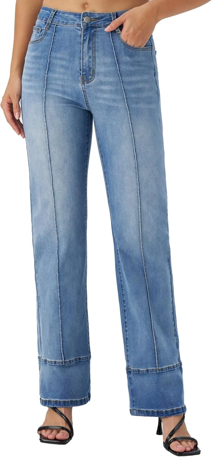 Women's Adjustable Cuffed Straight Leg Petite Jeans Stretchy High Waisted Wide Leg Cropped Denim Pants