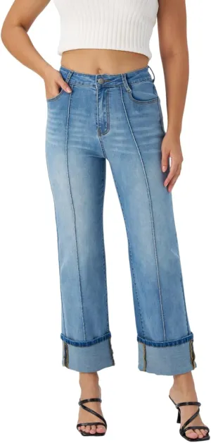 Women's Adjustable Cuffed Straight Leg Petite Jeans Stretchy High Waisted Wide Leg Cropped Denim Pants