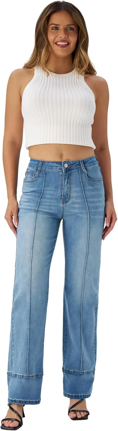 Women's Adjustable Cuffed Straight Leg Petite Jeans Stretchy High Waisted Wide Leg Cropped Denim Pants