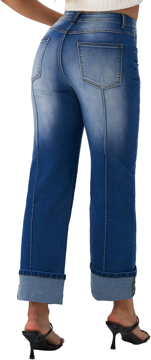 Women's Adjustable Cuffed Straight Leg Petite Jeans Stretchy High Waisted Wide Leg Cropped Denim Pants