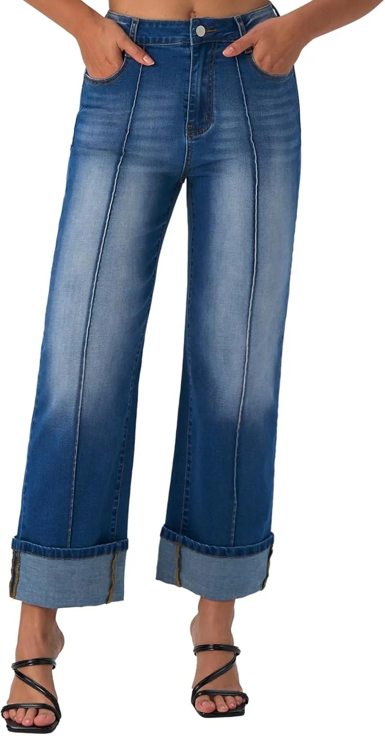 Women's Adjustable Cuffed Straight Leg Petite Jeans Stretchy High Waisted Wide Leg Cropped Denim Pants