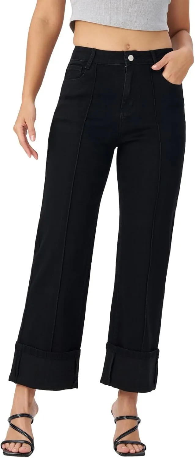 Women's Adjustable Cuffed Straight Leg Petite Jeans Stretchy High Waisted Wide Leg Cropped Denim Pants