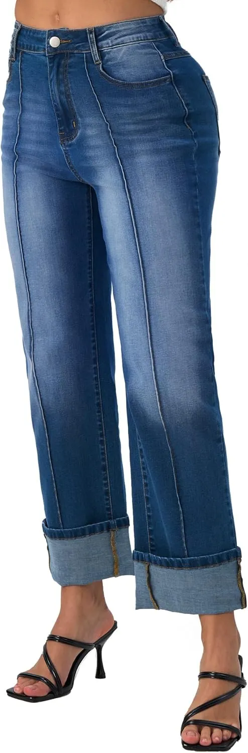 Women's Adjustable Cuffed Straight Leg Petite Jeans Stretchy High Waisted Wide Leg Cropped Denim Pants