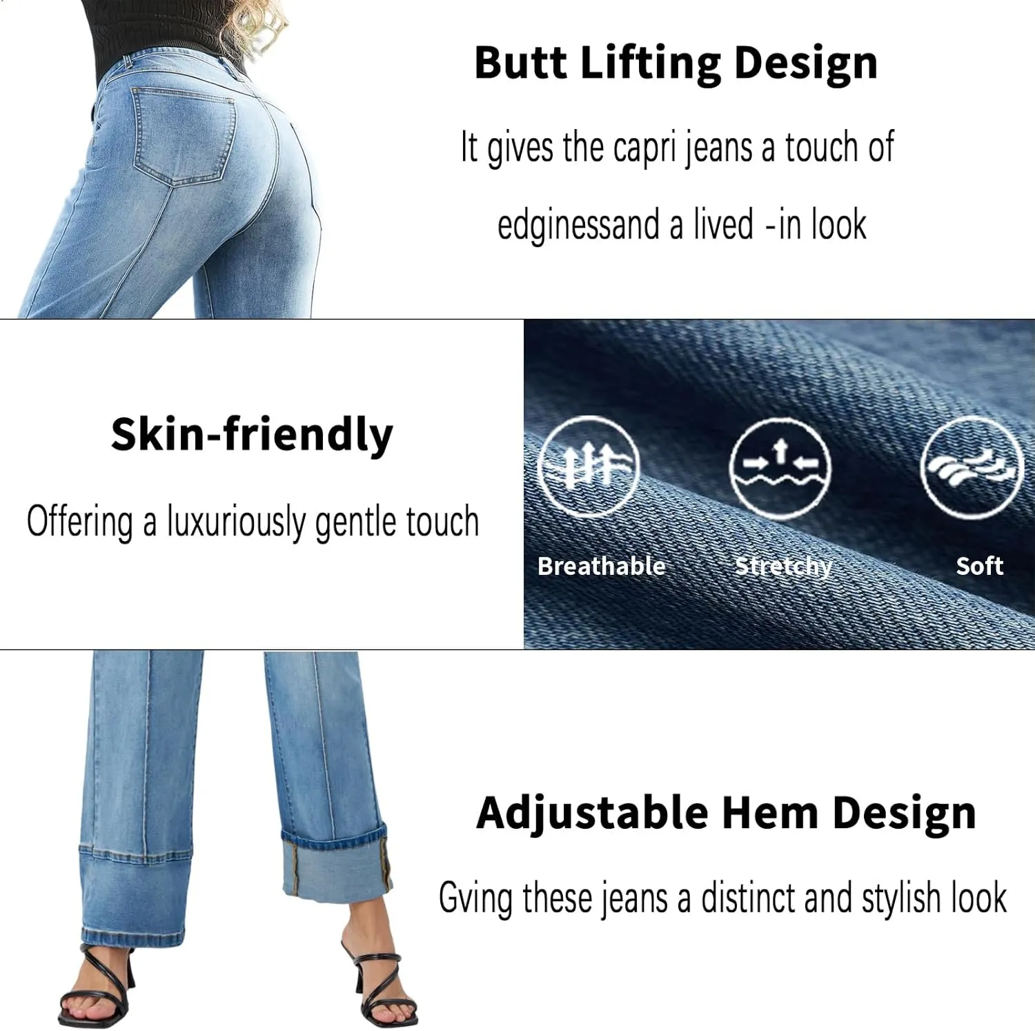 Women's Adjustable Cuffed Straight Leg Petite Jeans Stretchy High Waisted Wide Leg Cropped Denim Pants