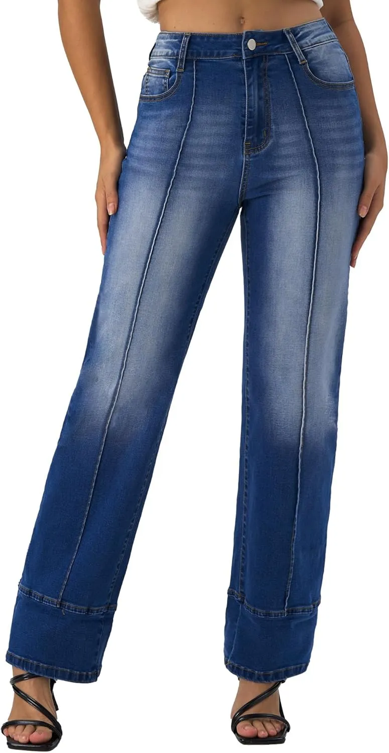 Women's Adjustable Cuffed Straight Leg Petite Jeans Stretchy High Waisted Wide Leg Cropped Denim Pants