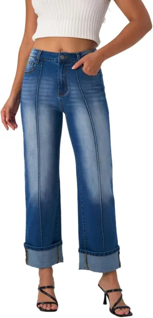 Women's Adjustable Cuffed Straight Leg Petite Jeans Stretchy High Waisted Wide Leg Cropped Denim Pants