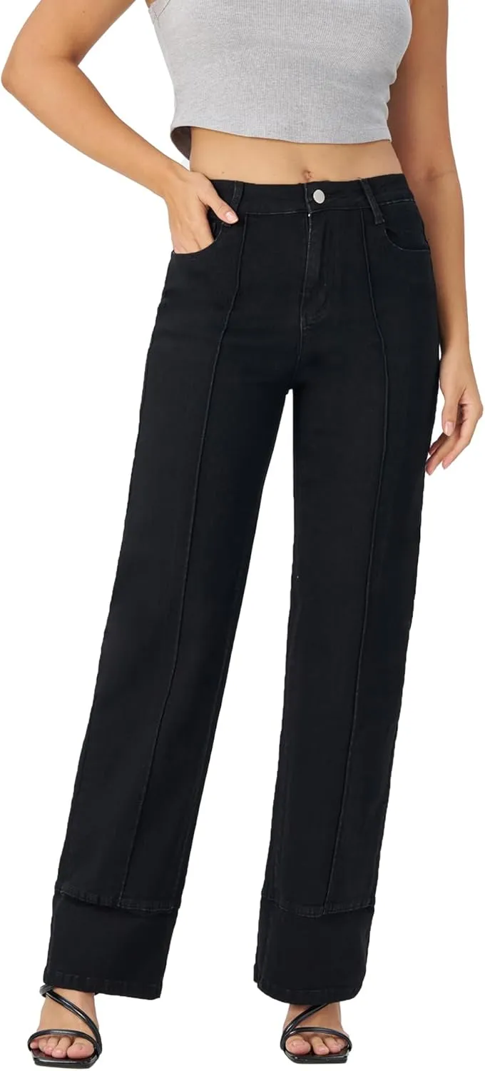Women's Adjustable Cuffed Straight Leg Petite Jeans Stretchy High Waisted Wide Leg Cropped Denim Pants