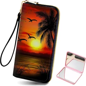 Women's Card Holder Wristlet Wallet, Convenient Travel Long Wallet with Strap and Pink Compact Mirror, Fashion and Sturdy Wristlet Long Purse for Women, Coconut Tree Sunset