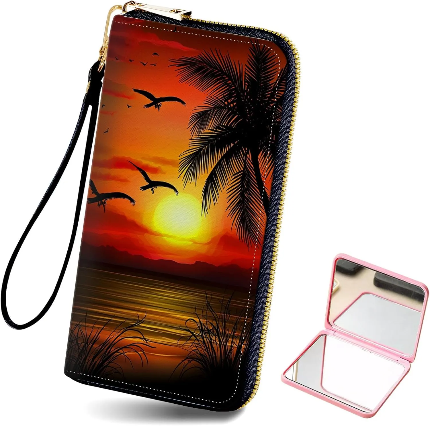 Women's Card Holder Wristlet Wallet, Convenient Travel Long Wallet with Strap and Pink Compact Mirror, Fashion and Sturdy Wristlet Long Purse for Women, Coconut Tree Sunset