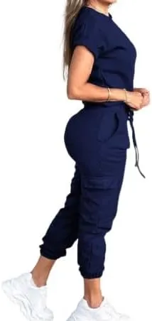 Womens Casual Solid Color Drawstring Waist Jumpsuit - Summer Fashion, Short Sleeve, High Waist, Knitted Fabric