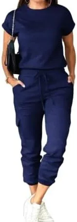 Womens Casual Solid Color Drawstring Waist Jumpsuit - Summer Fashion, Short Sleeve, High Waist, Knitted Fabric