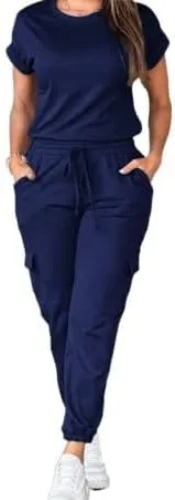 Womens Casual Solid Color Drawstring Waist Jumpsuit - Summer Fashion, Short Sleeve, High Waist, Knitted Fabric
