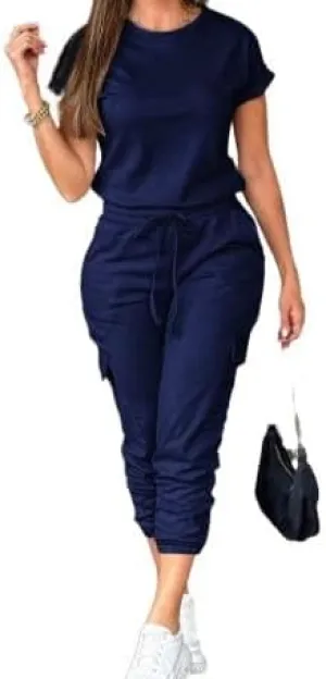 Womens Casual Solid Color Drawstring Waist Jumpsuit - Summer Fashion, Short Sleeve, High Waist, Knitted Fabric