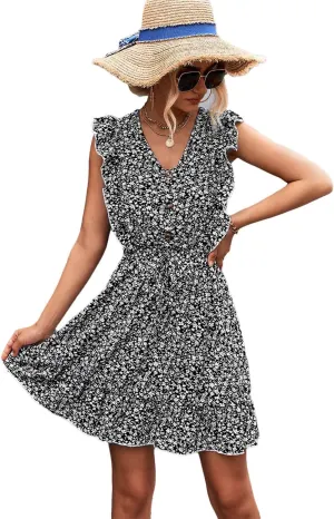 Womens Floral Ruffle Cap Sleeve Mini Dress Button Down Tie Waist Shirt Dress V Neck Flowy Short Beach Tank Dress