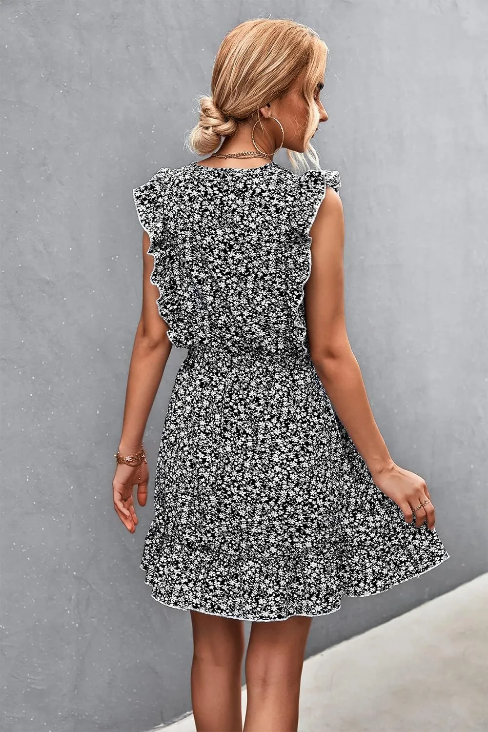 Womens Floral Ruffle Cap Sleeve Mini Dress Button Down Tie Waist Shirt Dress V Neck Flowy Short Beach Tank Dress