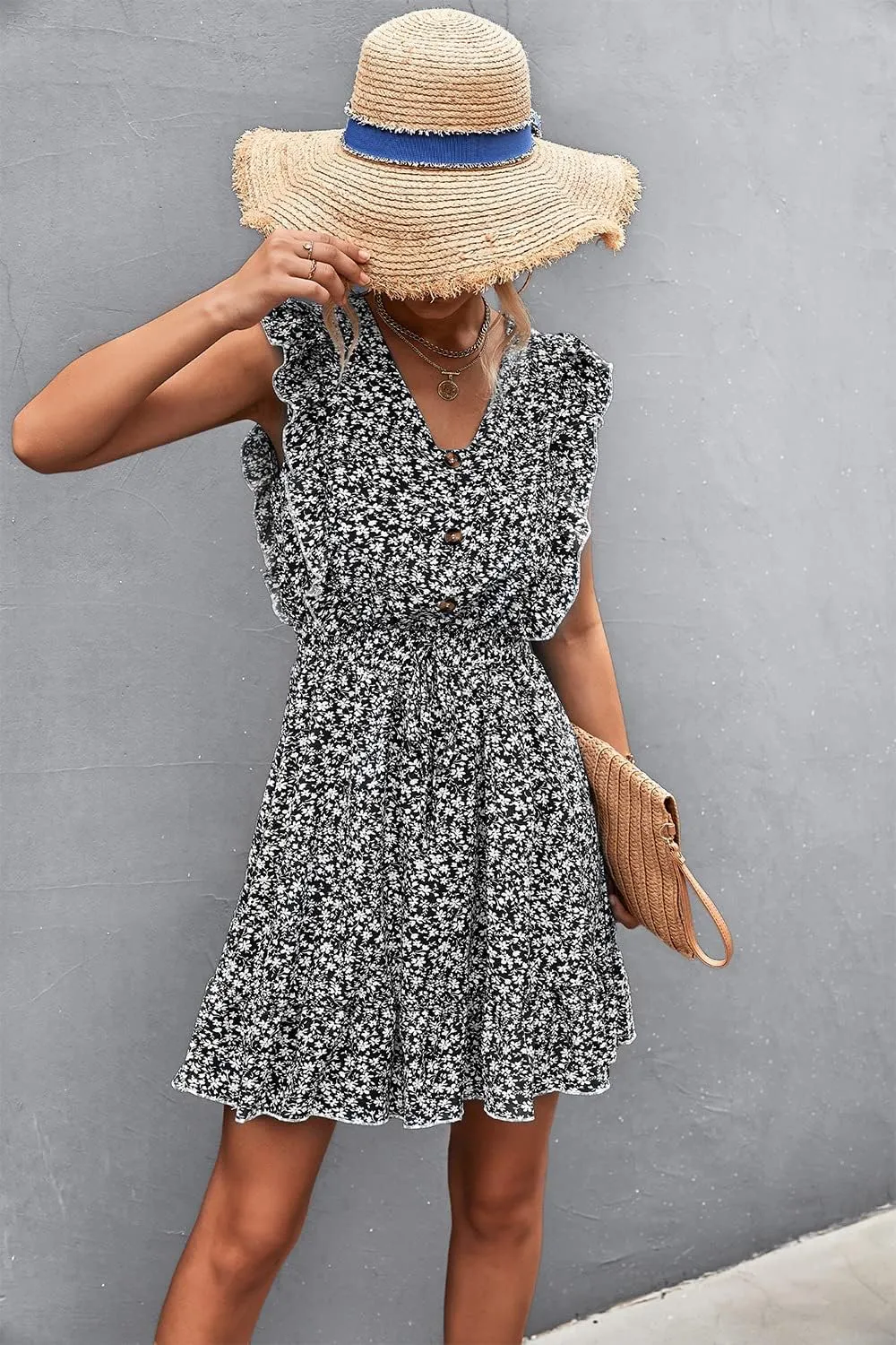 Womens Floral Ruffle Cap Sleeve Mini Dress Button Down Tie Waist Shirt Dress V Neck Flowy Short Beach Tank Dress