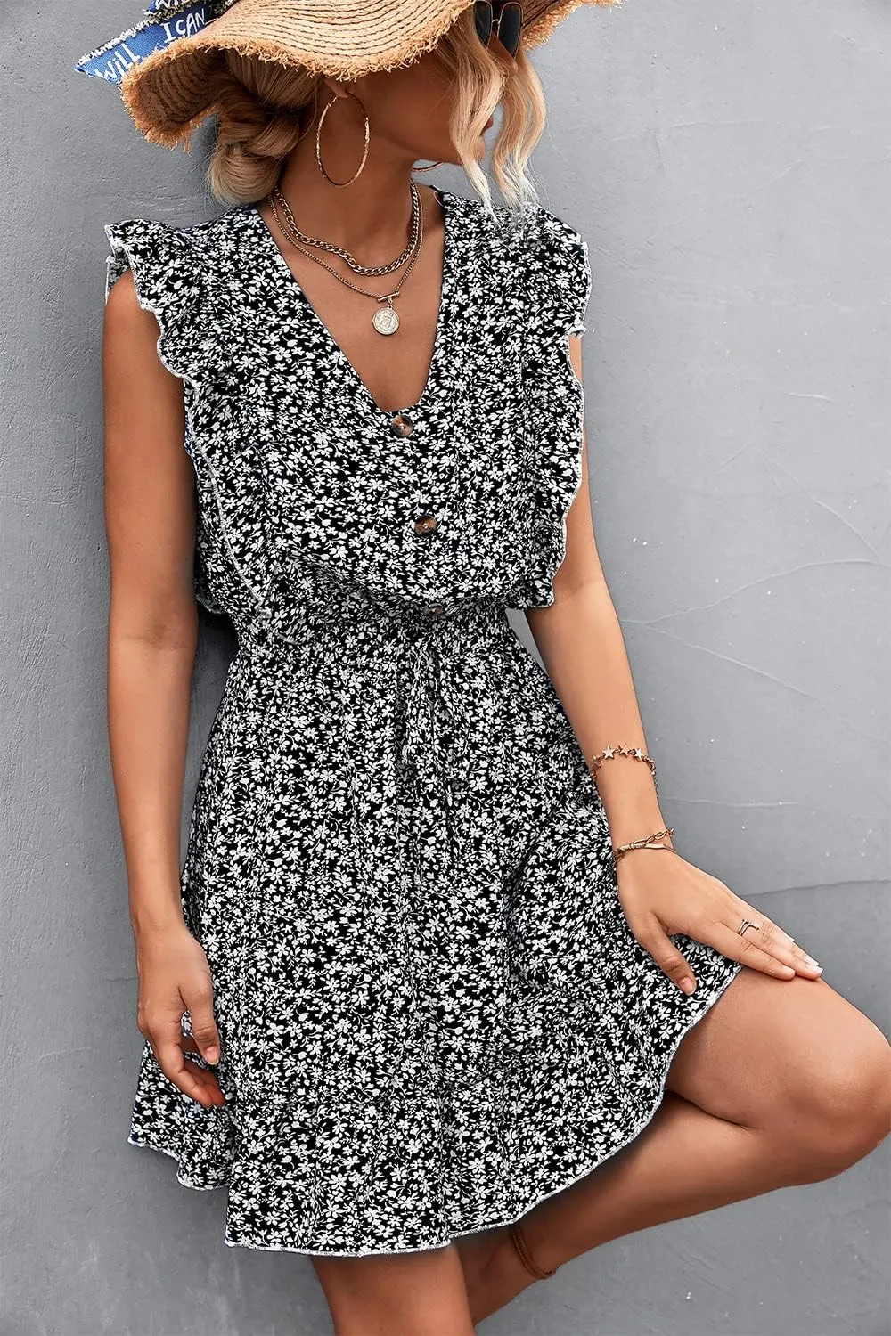 Womens Floral Ruffle Cap Sleeve Mini Dress Button Down Tie Waist Shirt Dress V Neck Flowy Short Beach Tank Dress