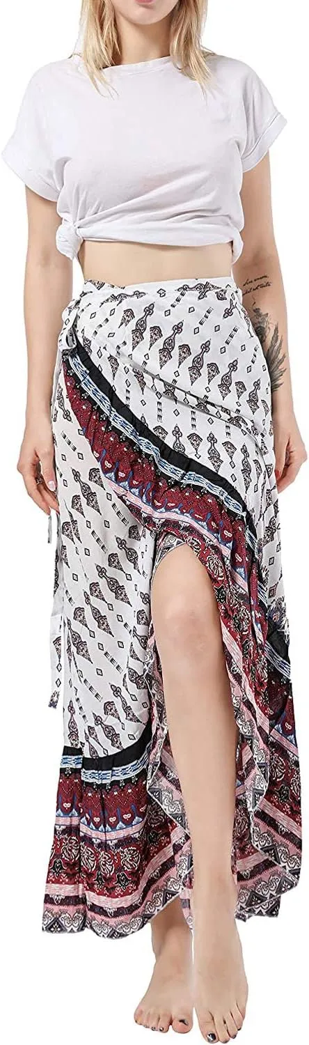 Women's High Waist Long Boho Print Skirt Gypsy Dress Bohemian Side Wrap Split Ruffled Asymmetric Hem Maxi Skirt,one size