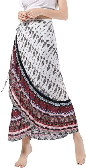 Women's High Waist Long Boho Print Skirt Gypsy Dress Bohemian Side Wrap Split Ruffled Asymmetric Hem Maxi Skirt,one size