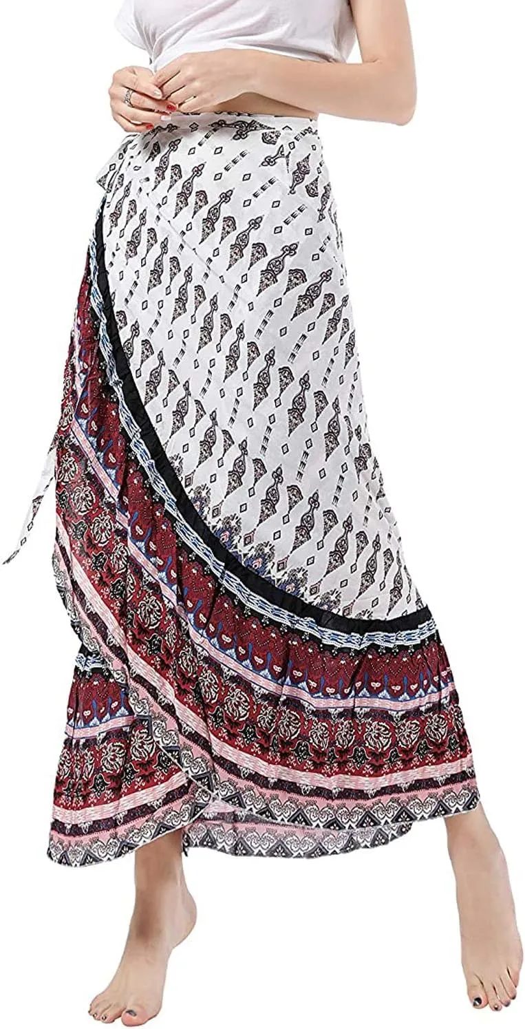 Women's High Waist Long Boho Print Skirt Gypsy Dress Bohemian Side Wrap Split Ruffled Asymmetric Hem Maxi Skirt,one size