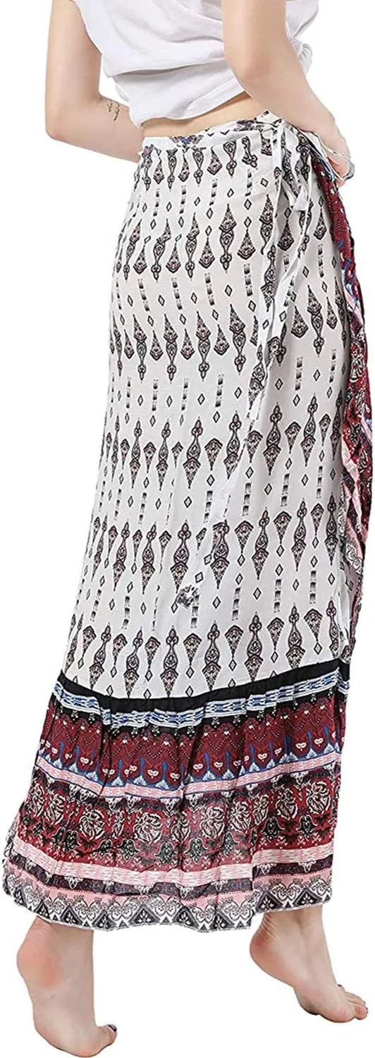 Women's High Waist Long Boho Print Skirt Gypsy Dress Bohemian Side Wrap Split Ruffled Asymmetric Hem Maxi Skirt,one size