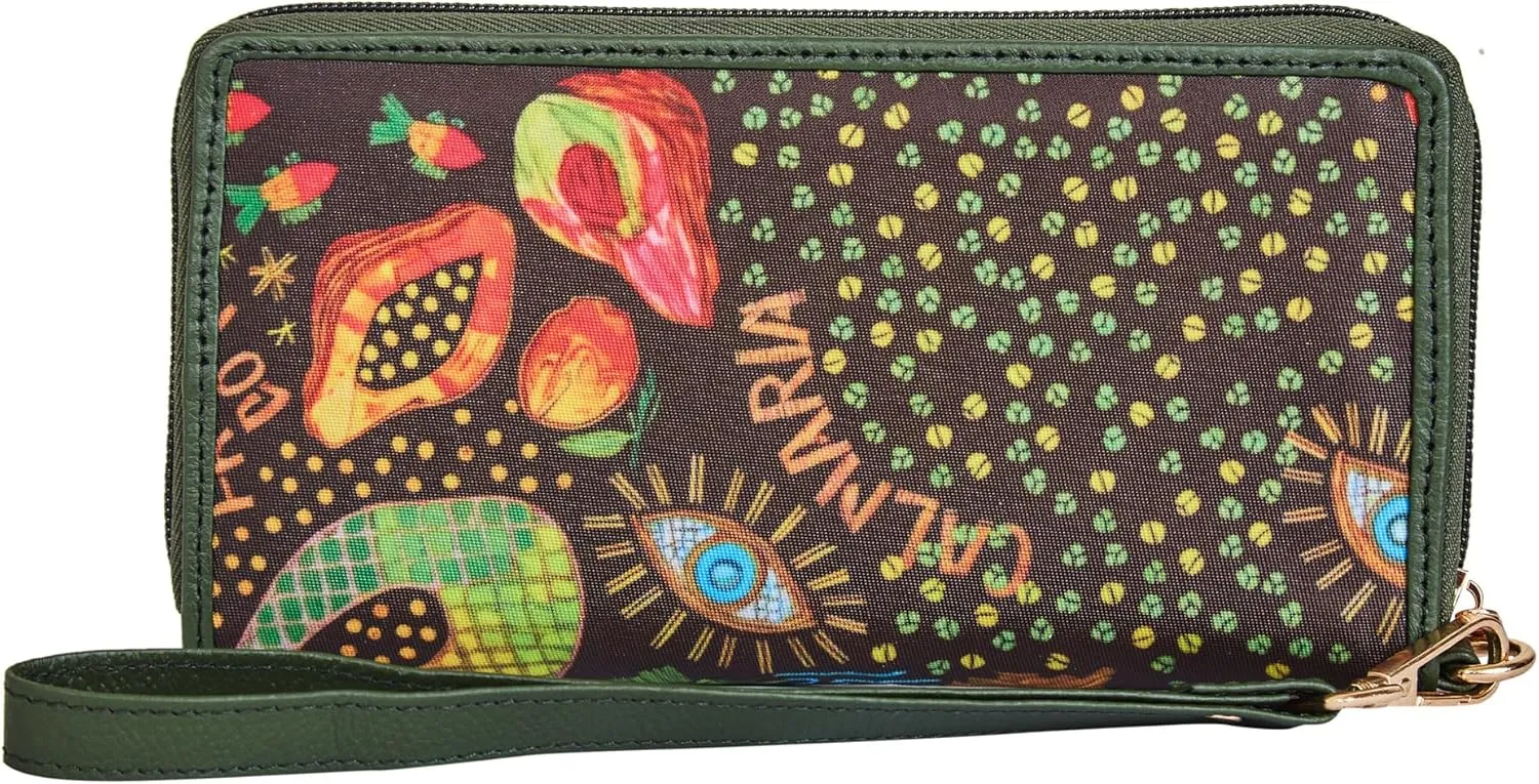 Womens RFID Wristlet Wallets - Printed Fabric with Leather Accents