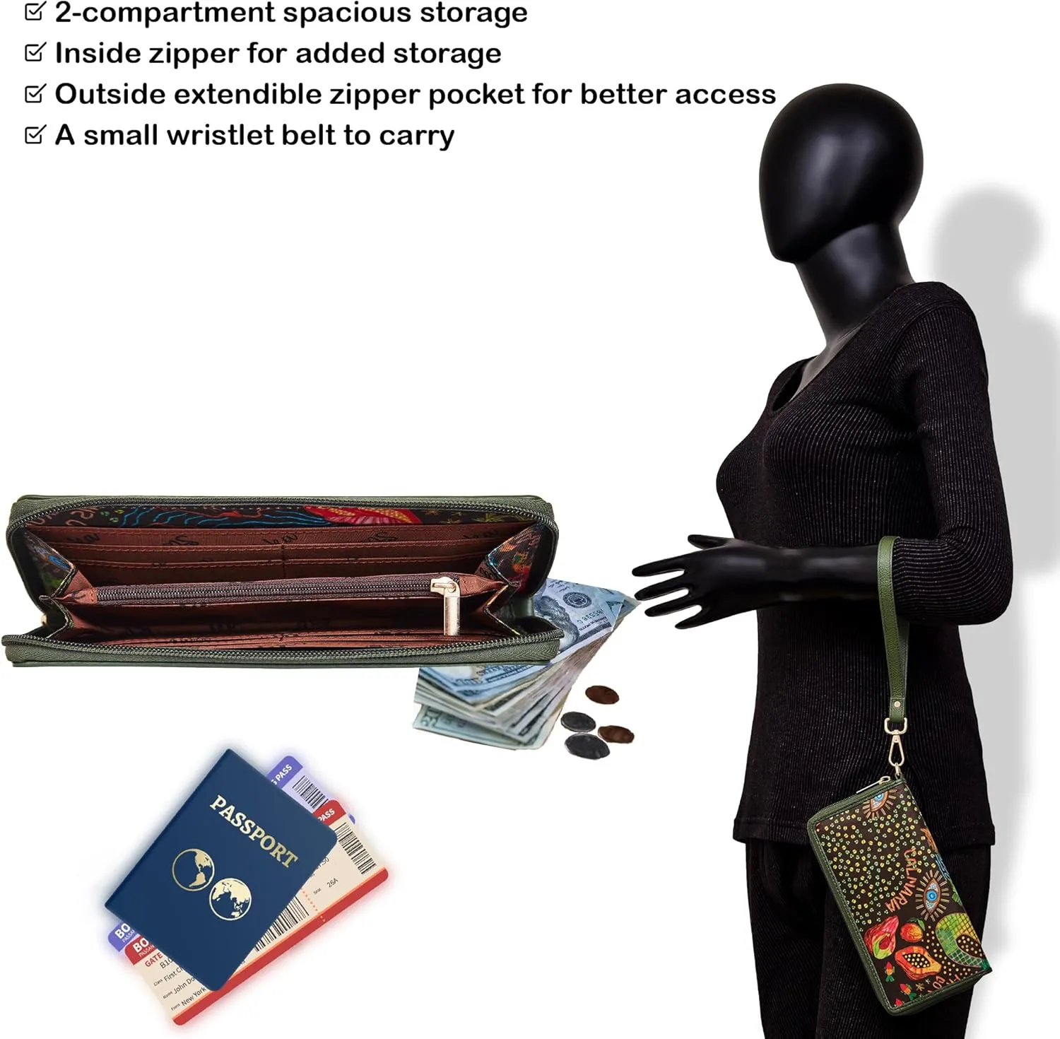 Womens RFID Wristlet Wallets - Printed Fabric with Leather Accents